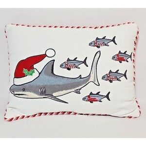 Pier 1 Imports Decorative Christmas Pillow Sharkmas Santa Shark Embroidered Fish